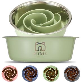 2-in-1 Metal Slow Feeder Dog Bowl, Bestalk Stainless Steel Dog Bowls with Silicone Slow Feeder Insert, Food Grade 304 Water Food Bowl with Anti-Slip Base for Small, Medium, Large Dogs