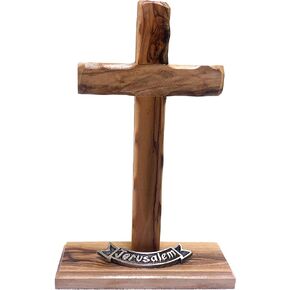 Ridged Olive Wood Carved Cross on a Stand from Holy Land Decor Ornament