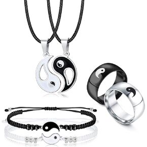Kakonia 6 Pieces Matching Yin Yang Necklace Bracelets Rings Set Couple Necklace Bracelet Rings for Him and Her Matching Yin Yang Necklace Boyfriend Girlfriend Friendship Valentine's Day Jewelry Gift
