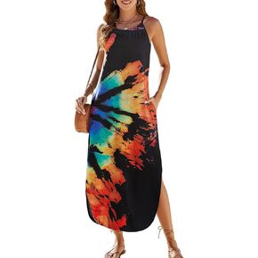 Halife Womens Summer Dresses Casual Loose Halter Long Sundress Sleeveless Split Maxi Beach Dress with Pockets