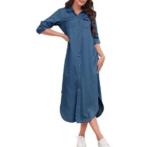 Women's Long Sleeve Denim Midi Shirt Dress
