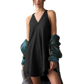 فستان Lentta النسائي قصير برقبة على شكل حرف V بدون أكمام بلوفر سادة كاجوال فضفاض بياقة دائرية من الخلف فستان صيفي in Kuwait