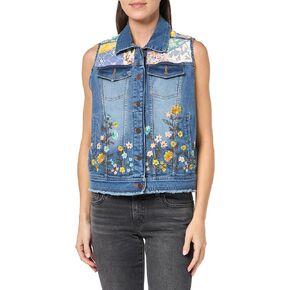 John Mark Womens Patch Print and Embroidered Denim Button Front Vest