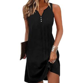 Ladlop Summer Dresses for Women 2024 Beach Loose Casual A Line Dress Sleeveless V-Neck Sundress with Pockets