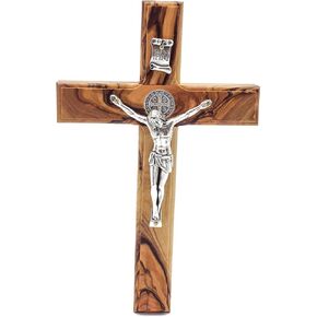 Olive Wood Catholic/Saint Benedict Crucifix Cross With Silver Plated Metal (7.6 Inch) - Wall Hanging, Blessing St. Benedict Prayer Medal From The Holy Land