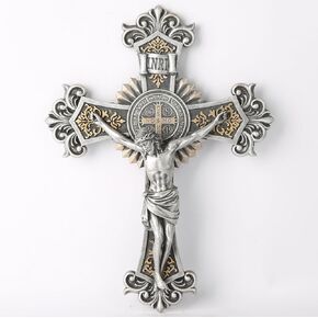 BC Catholic St Benedict Crucifix Wall Cross, Jesus Christ Cross, Vintage Religious Gift, Wood Carve Looking, 12"H Hand-painted by Buildclassic