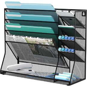 Wall Mounted File Organizer, 5-Tier Desk Organizer with 4 Pen Holders, Wall Organizer for Office with R-Shaped Bottom Tray, Mesh Desk Organizers and Accessories for Office Supplies, Black