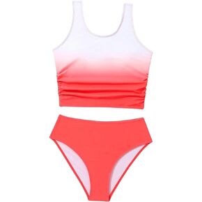 SHENHE Girl's 2 Piece Tankini Swimsuits Scoop Neck Ruched Ombre Bathing Suits Beachwear