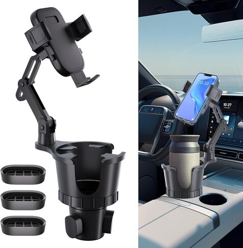 حامل أكواب للهاتف - موسع حامل أكواب السيارة 2 في 1 مع قاعدة طويلة قابلة للتعديل وقاعدة قابلة للدوران 360 درجة لهواتف iPhone وAndroid وجميع الهواتف الذكية in Kuwait