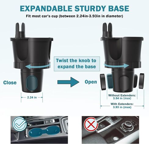 حامل أكواب للهاتف - موسع حامل أكواب السيارة 2 في 1 مع قاعدة طويلة قابلة للتعديل وقاعدة قابلة للدوران 360 درجة لهواتف iPhone وAndroid وجميع الهواتف الذكية in Kuwait
