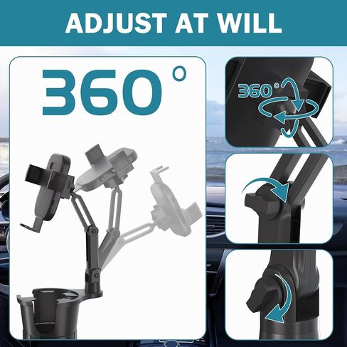 حامل أكواب للهاتف - موسع حامل أكواب السيارة 2 في 1 مع قاعدة طويلة قابلة للتعديل وقاعدة قابلة للدوران 360 درجة لهواتف iPhone وAndroid وجميع الهواتف الذكية in Kuwait