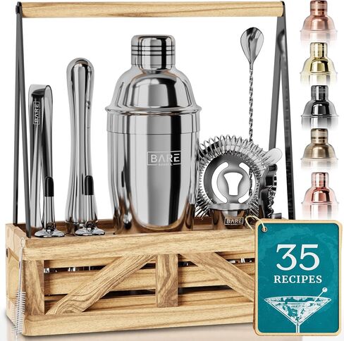 BARE BARREL® Mixology Bartender Kit Bar Set | Martini Cocktail Shaker Set | Barware Mixing Tools for Home Bartending | Farmhouse Rustic Portable Caddy & 35 Recipe Cards | Gift Set (Aged Copper) in Saudi Arabia
