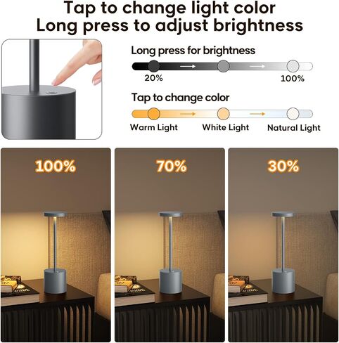 YHT Rechargeable Cordless Table Lamp, 10.25in Small Outdoor Portable Battery Operated Desk Lamps 2 Levels Dimmable Powered Night Light for Dining Restaurant Bar Garden Patio Bedroom Grey in Saudi Arabia