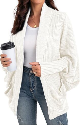 سترة حريمي من GRECERELLE فضفاضة مفتوحة من الأمام وأكمام طويلة وياقة شال كبيرة الحجم مع جيوب in Kuwait