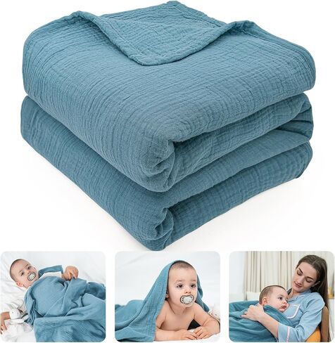 BATTOP Baby Blanket,Muslin Swaddle Blankets for Boys Girls,Newborn Receiving Blanket with 6 Layer Cotton,Crib Blanket for Toddler,Nursery Blanket,Throws Bed Blanket,47"x47"(Gray Blue) in Saudi Arabia