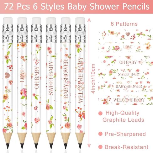 Vakuny 72 Pcs Baby Shower Half Pencils - 4 Inches Baby Shower Floral Pencils with Erasers - Mini Pencils Baby Shower for Girl Boy Kids School Office Baby Shower Supplies(Floral) in Saudi Arabia