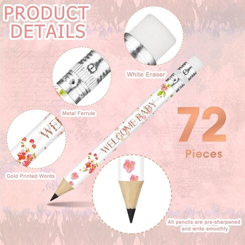 Vakuny 72 Pcs Baby Shower Half Pencils - 4 Inches Baby Shower Floral Pencils with Erasers - Mini Pencils Baby Shower for Girl Boy Kids School Office Baby Shower Supplies(Floral) in Saudi Arabia
