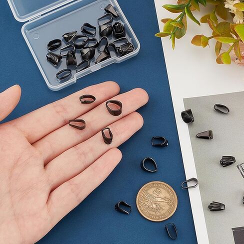 PH PandaHall 40pcs 4 أنماط المفاجئة على الكفالات، الفولاذ المقاوم للصدأ قلادة المشابك 9 ~ 11mm دمعة مفتوحة قرصة كليب الكفالة قلادة موصل هوك تتدلى سحر لسوار قلادة المجوهرات DIY الحرفية صنع، أسود in Saudi Arabia