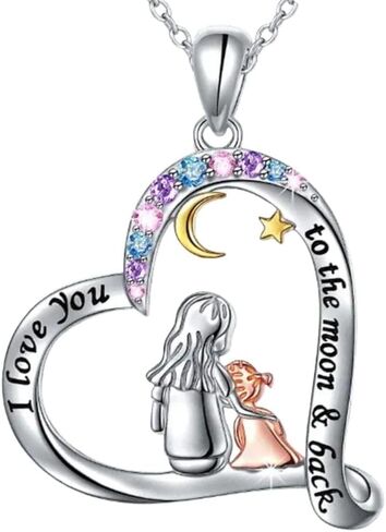 قلادة على شكل قلب للأم والبنت، سلسلة 18 بوصة، قلادة 1.5 بوصة، منقوشة ""I Love You to the Moon and Back""، فضي in Saudi Arabia