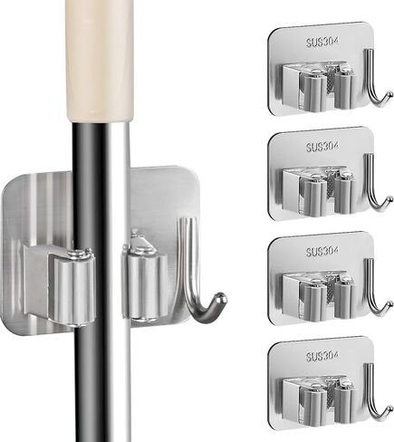 5 قطع حامل مكنسة وممسحة يثبت على الحائط، شماعة مكنسة ذاتية اللصق مع خطاف، حامل مكنسة منظم أدوات الحديقة من الفولاذ المقاوم للصدأ لغرفة الغسيل والحمام والمرآب والمطبخ باللون الأسود in Kuwait
