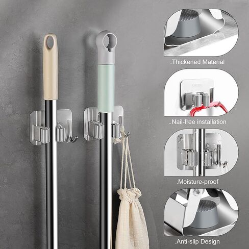 5 قطع حامل مكنسة وممسحة يثبت على الحائط، شماعة مكنسة ذاتية اللصق مع خطاف، حامل مكنسة منظم أدوات الحديقة من الفولاذ المقاوم للصدأ لغرفة الغسيل والحمام والمرآب والمطبخ باللون الأسود in Kuwait