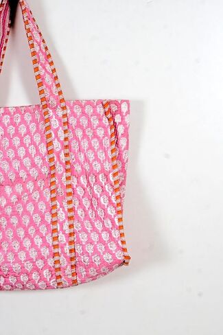 Quilted Cotton Handprinted Reversible Large multicolor Floral Tote Bag in Saudi Arabia