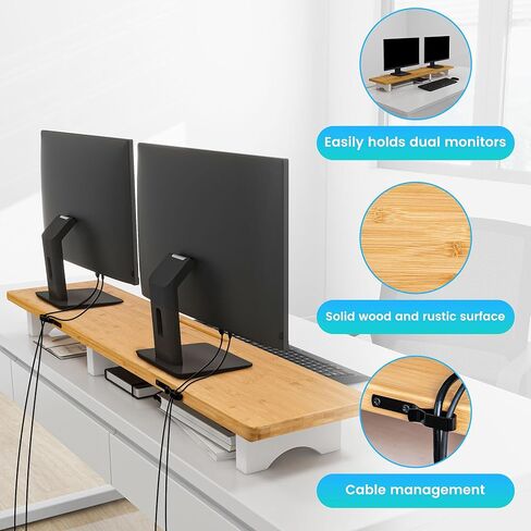 Large Dual Monitor Stand Riser, Solid Wood Desk Shelf with Wood Legs for Laptop Computer/TV/PC/Printers, Rustic Wood Black Desktop Stands Organizer with Underneath Storage for Office Accessories in Saudi Arabia