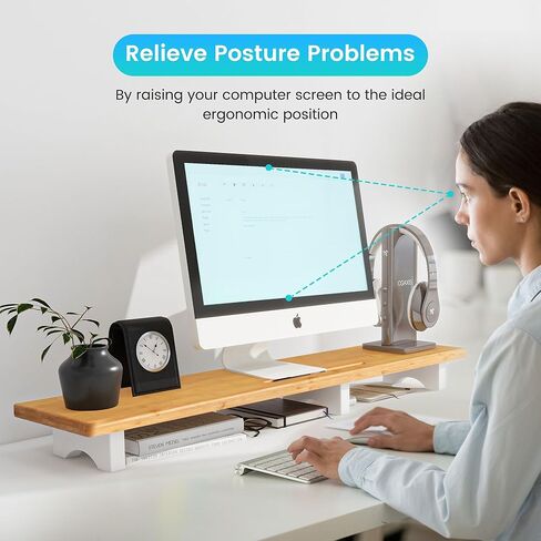 Large Dual Monitor Stand Riser, Solid Wood Desk Shelf with Wood Legs for Laptop Computer/TV/PC/Printers, Rustic Wood Black Desktop Stands Organizer with Underneath Storage for Office Accessories in Saudi Arabia