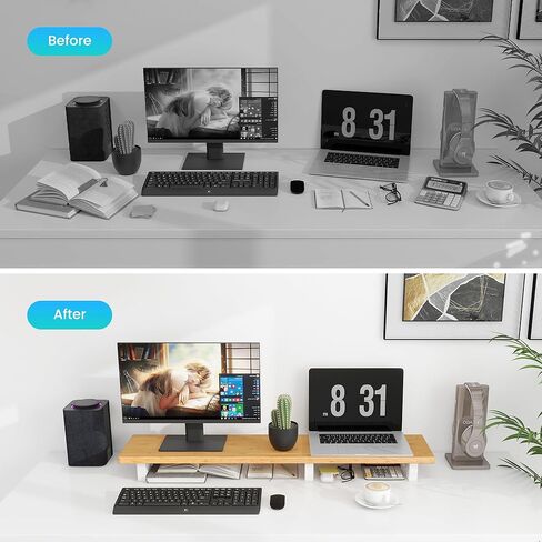 Large Dual Monitor Stand Riser, Solid Wood Desk Shelf with Wood Legs for Laptop Computer/TV/PC/Printers, Rustic Wood Black Desktop Stands Organizer with Underneath Storage for Office Accessories in Saudi Arabia