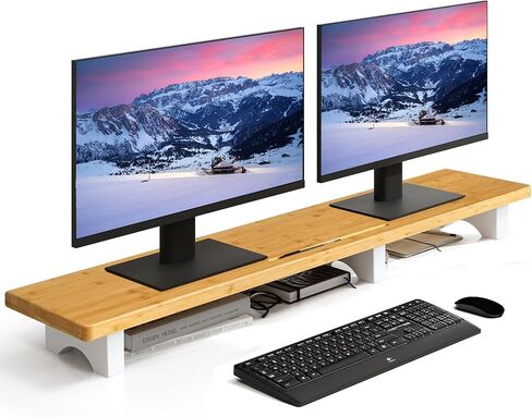 Large Dual Monitor Stand Riser, Solid Wood Desk Shelf with Wood Legs for Laptop Computer/TV/PC/Printers, Rustic Wood Black Desktop Stands Organizer with Underneath Storage for Office Accessories in Saudi Arabia