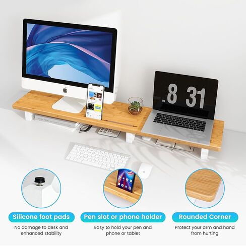 Large Dual Monitor Stand Riser, Solid Wood Desk Shelf with Wood Legs for Laptop Computer/TV/PC/Printers, Rustic Wood Black Desktop Stands Organizer with Underneath Storage for Office Accessories in Saudi Arabia
