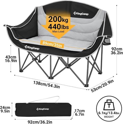 كرسي تخييم KingCamp Loveseat لشخصين، كرسي تخييم مزدوج كبير الحجم شديد التحمل للاستخدام في الهواء الطلق، والتخييم، والسفر، ودعم 440 رطلاً in Saudi Arabia