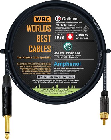 WORLDS BEST CABLES 3 Foot – TS to RCA Cable – Gotham GAC-4/1 (Black) Star-Quad Audio Interconnect Cable & Neutrik NP2X-B & Amphenol ACPL-CBK Gold Plugs - Custom Made in Saudi Arabia