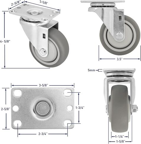 3.5" 4 Pack Plate Caster, Thermoplastic Light Heavy Duty Rubber Gray Swivel Caster, Top Plate Casters, 1200 lbs Total Capacity (3.5 inches Pack of 4, Swivel Wheel) in Saudi Arabia