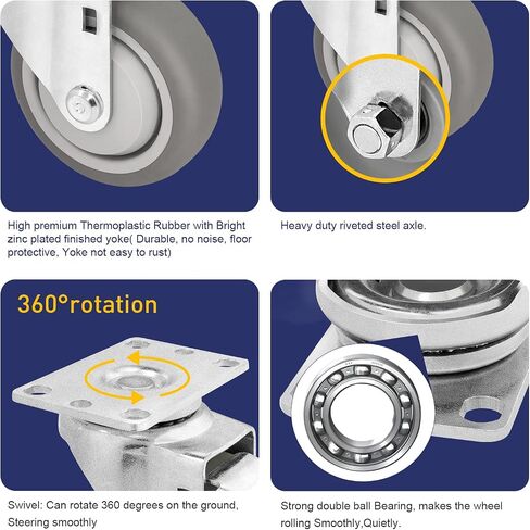 3.5" 4 Pack Plate Caster, Thermoplastic Light Heavy Duty Rubber Gray Swivel Caster, Top Plate Casters, 1200 lbs Total Capacity (3.5 inches Pack of 4, Swivel Wheel) in Saudi Arabia