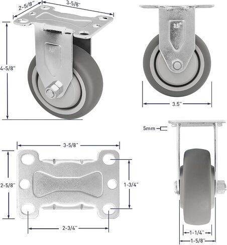 3.5" 4 Pack Plate Caster, Thermoplastic Light Heavy Duty Rubber Gray Swivel Caster, Top Plate Casters, 1200 lbs Total Capacity (3.5 inches Pack of 4, Swivel Wheel) in Saudi Arabia
