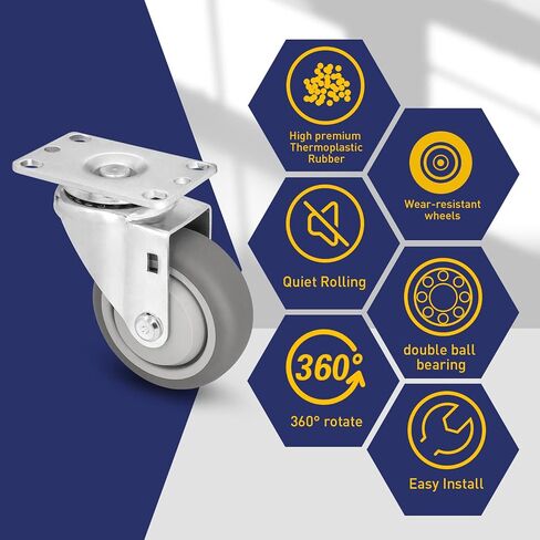 3.5" 4 Pack Plate Caster, Thermoplastic Light Heavy Duty Rubber Gray Swivel Caster, Top Plate Casters, 1200 lbs Total Capacity (3.5 inches Pack of 4, Swivel Wheel) in Saudi Arabia