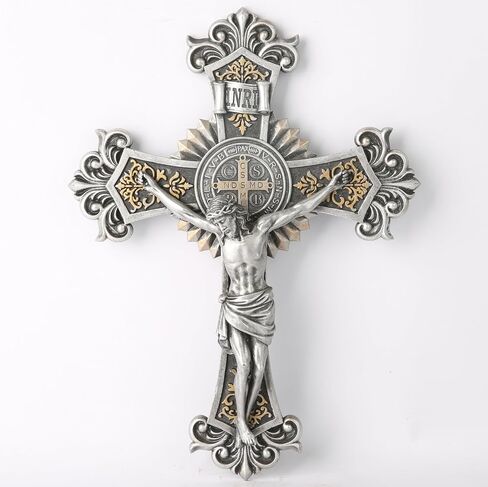 BC Catholic St Benedict Crucifix Wall Cross, Jesus Christ Cross, Vintage Religious Gift, Wood Carve Looking, 12"H Hand-painted by Buildclassic in Saudi Arabia