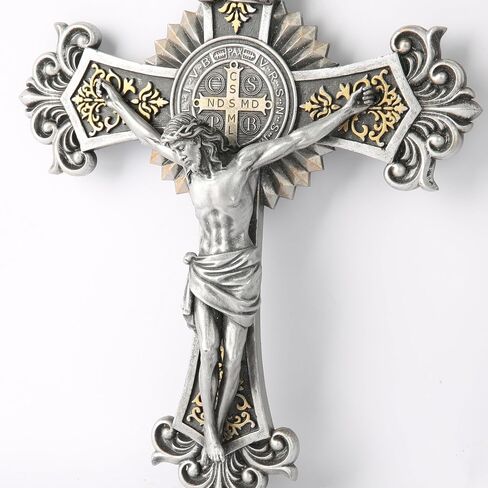 BC Catholic St Benedict Crucifix Wall Cross, Jesus Christ Cross, Vintage Religious Gift, Wood Carve Looking, 12"H Hand-painted by Buildclassic in Saudi Arabia