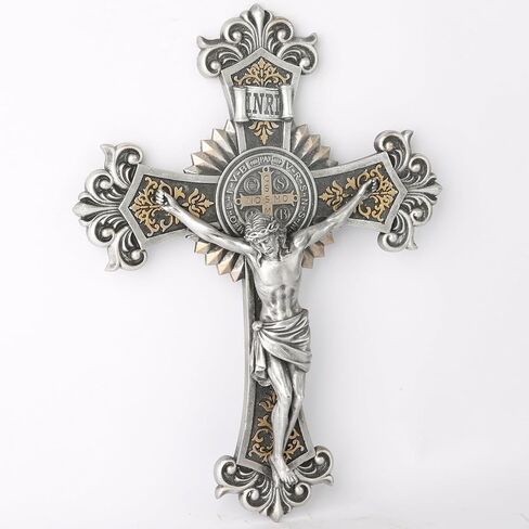 BC Catholic St Benedict Crucifix Wall Cross, Jesus Christ Cross, Vintage Religious Gift, Wood Carve Looking, 12"H Hand-painted by Buildclassic in Saudi Arabia