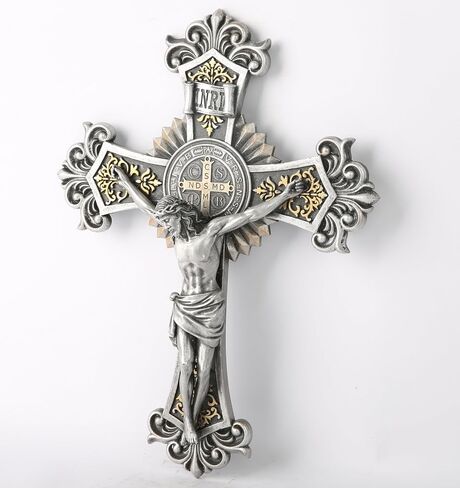 BC Catholic St Benedict Crucifix Wall Cross, Jesus Christ Cross, Vintage Religious Gift, Wood Carve Looking, 12"H Hand-painted by Buildclassic in Saudi Arabia
