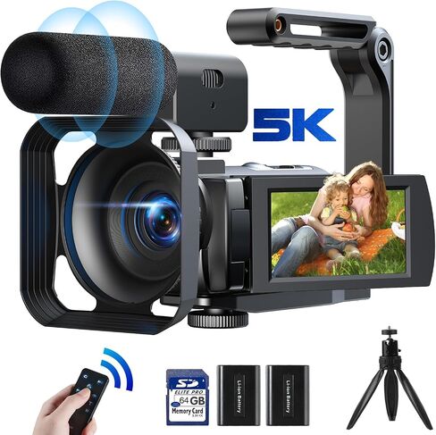 Video Camera Camcorder 5K 56MP 16x Vlogging Camera WiFi 3" 270° Rotation Touchscreen Recorders for YouTube with Remote Control, Microphone, Lens Hood, 2 Batteries in Saudi Arabia
