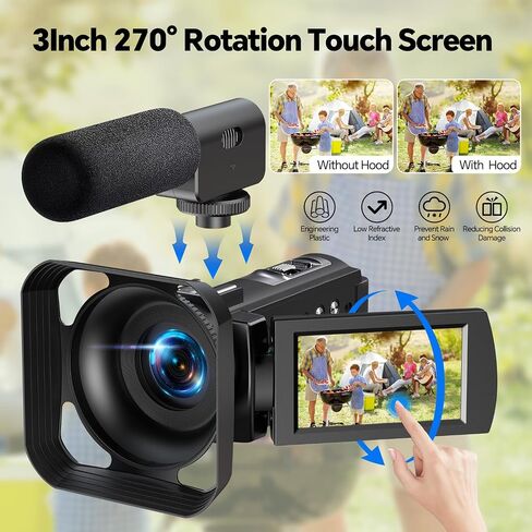 Video Camera Camcorder 5K 56MP 16x Vlogging Camera WiFi 3" 270° Rotation Touchscreen Recorders for YouTube with Remote Control, Microphone, Lens Hood, 2 Batteries in Saudi Arabia