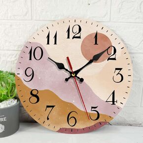 ArtSocket Boho Mid Century Wooden Wall Clock Silent Non-Ticking, Sun Mountain Modern Orange Blue Square Rustic Wall Clocks Decor for Home Kitchen Living Room Office, Battery Operated(12 Inch)