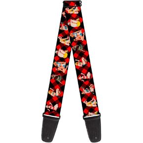 Buckle-Down Guitar Strap Pin Up Girl Poses Buffalo Plaid Blocks Black Red 2 Inches Wide