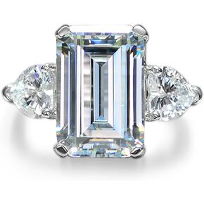 5Ct Engagement Ring for Women, 925 Sterling Silver Emerald Cut Simulated Diamond 5A Cubic Zirconia Three Stone Wedding Promise Ring