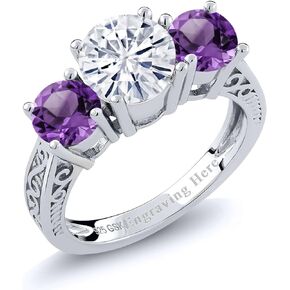 Gem Stone King 925 Sterling Silver Promise Name Engraved Customized Personalized 3 Gemstone Birthstone For Her 3-Stone Engagement Ring For Women