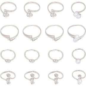 CHGCRAFT 16 PCS Blank Rings 4 Styles Adjustable Brass Prong Rings Base for Half Drilled Beads Blank Pad Ring Trays Jewelry Findings for DIY Ring Blanks Making Kit