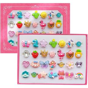 28pcs Little Girl Jewel Rings in Box, Girl Princess Pretend Play and Dress Up Rings Set, Kids Girl Birthday Gifts, Adjustable, No Duplication