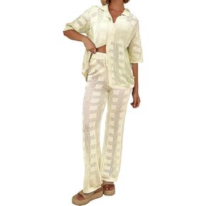 Famulily Womens 2 Piece Crochet Knit Cover Up Summer Beach Coverups Set with Short Sleeve Button Tops and Long Pants